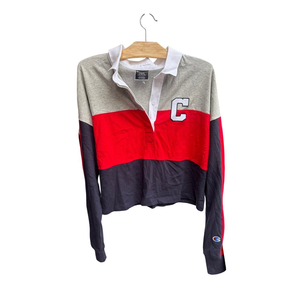 Champion Women's Large Rugby Shirt Crop Top Long Sleeve Color Block Collegiate